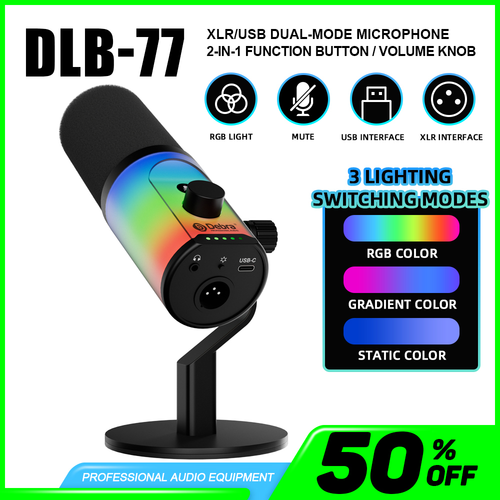 Streaming Mic Condenser - ไมโครโฟนไดนามิกแบบ USB XLR ระดับมืออาชีพ พร้อมไฟ RGB,